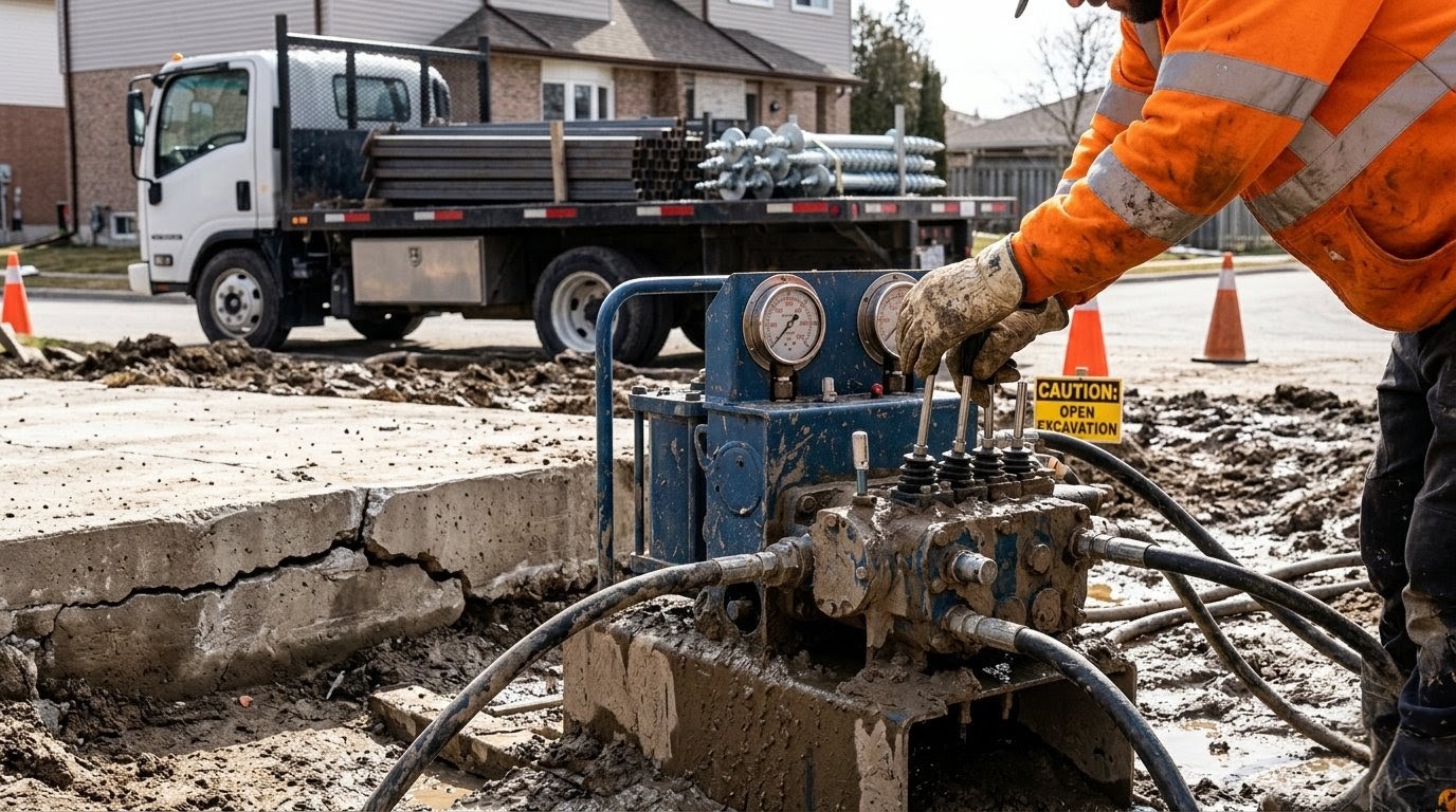 Foundation repair technician operating hydraulic pier equipment
